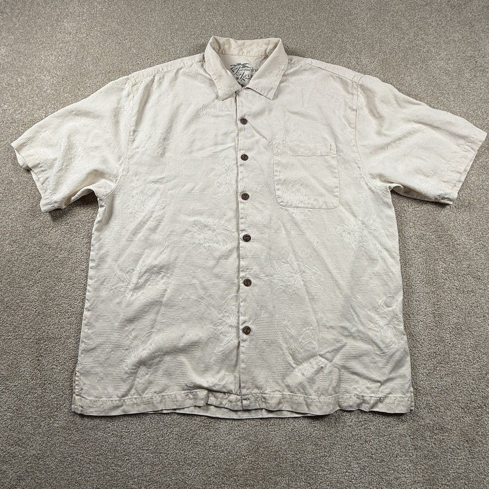 Jamaica Jaxx Men Large 100% Silk Cream Aloha Hawaiian Button Up Shirt Resort